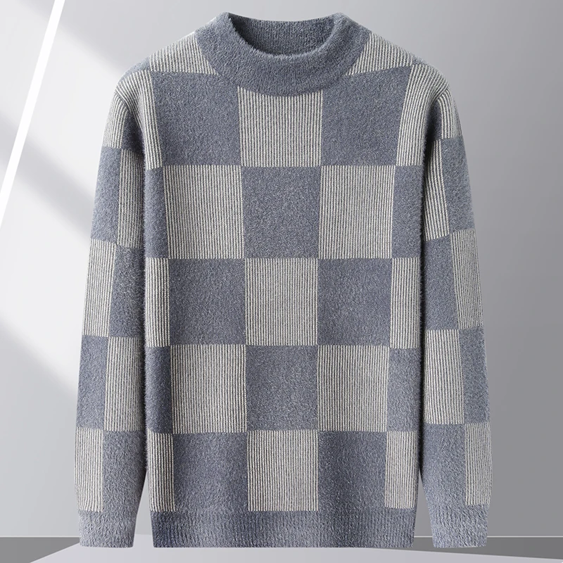 Nuovo 2024 autunno/inverno di fascia alta di marca da uomo Color block manica lunga Plaid o-collo Pullover maglione pelliccia di visone caldo