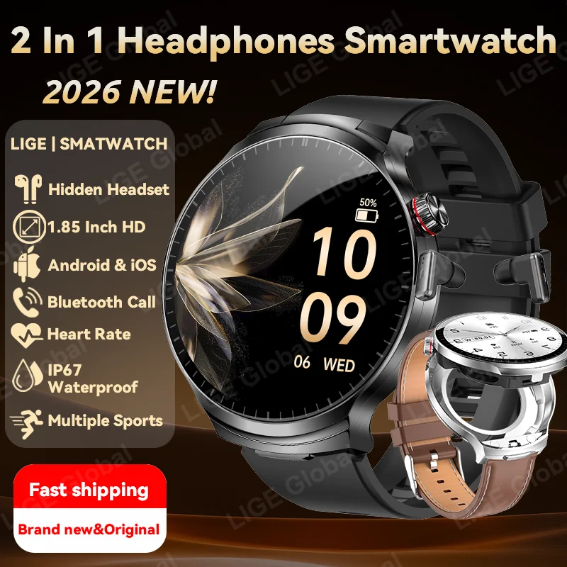 

Умные часы LIGE New 2 в 1 с наушниками TWS Bluetooth, монитором сердечного ритма и уровня кислорода в крови, спортивные фитнес-часы 2026