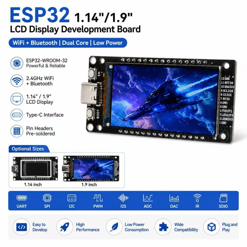 ESP32-WROOM-32 Development Board, 1.14-inch/1.9-inch LCD Screen Wi-Fi and Bluetooth Development Board, Type-C Port
