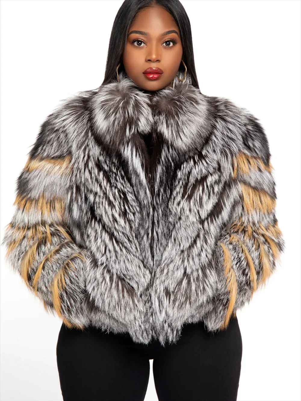 Short Red Fox Fur Jacket With Collar Women Luxury Plus Size Female Silver Fox Fur Coat Winter