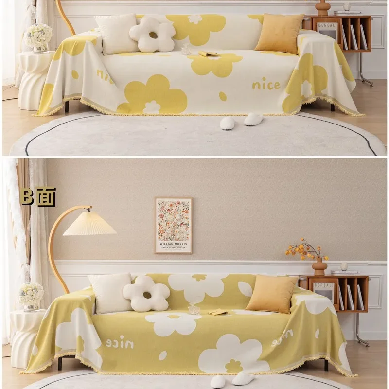 Chenille Jasmine Flower Printed Sofa Cover Double Face Usable Stain Resistant Couch Towel Machine Wash Easy-Care Soft Home Decor