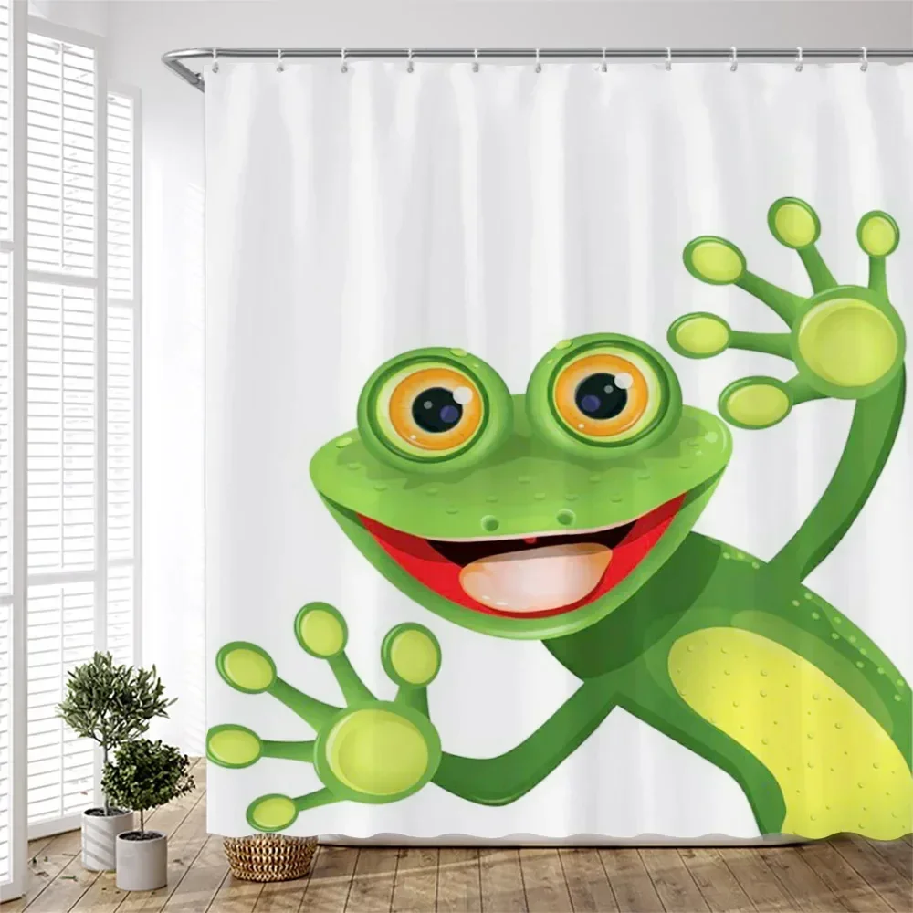 Cartoon Happy Green Frog Shower Curtain for Bathroom Children Bath Curtain Home Decor Polyester Washed Fabric Scenery with Hooks