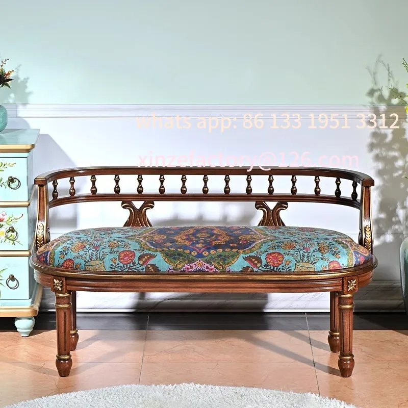 كرسي مزدوج من الخشب الصلب الأمريكي قابل للتخصيص لغرفة المعيشة والشرفة كرسي صالة أثاث عتيق على الطراز الأوروبي أريكة خلفية واحدة