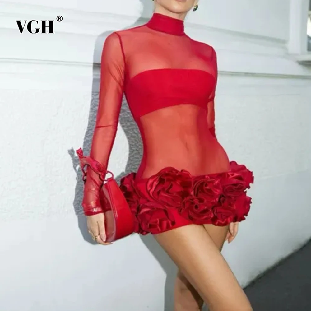 

VGH Solid Sexy Slimming Perspective Dresses For Women Stand Collar Long Sleeve High Waist Folds Designer Mini Dress Female New