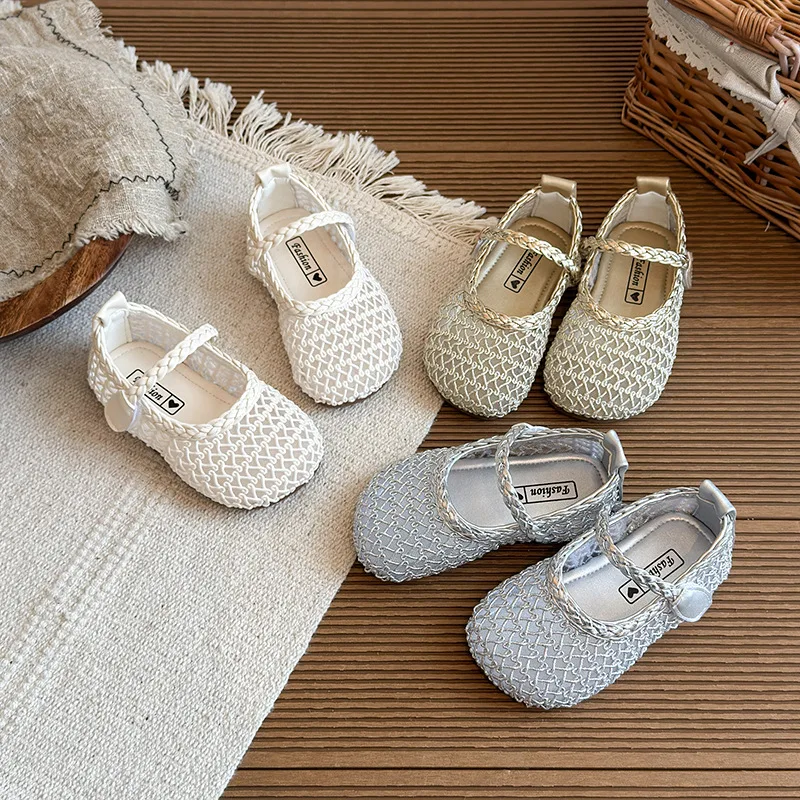 Summer Kid Breathable Mesh Soft-sole Single Shoe Girls Woven Hollow-out Princess Shoes Children Buckle Mary Jane Shoe Beach Shoe