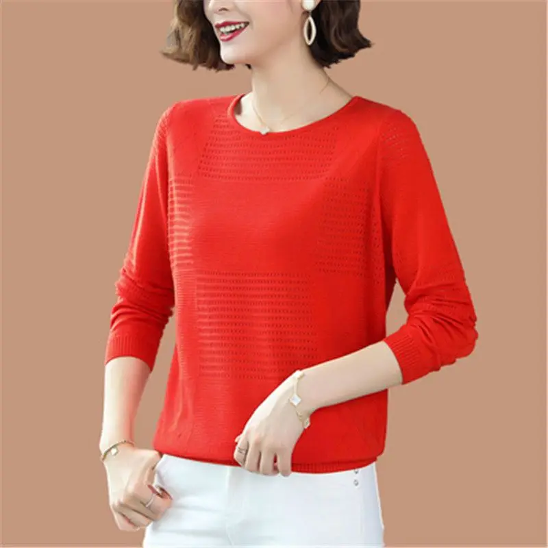 2024 New Simple Spring and Autumn Solid Color Women\'s Round Neck Hollow Fashion Commute Long Sleeved Loose Sweater Knitted Tops