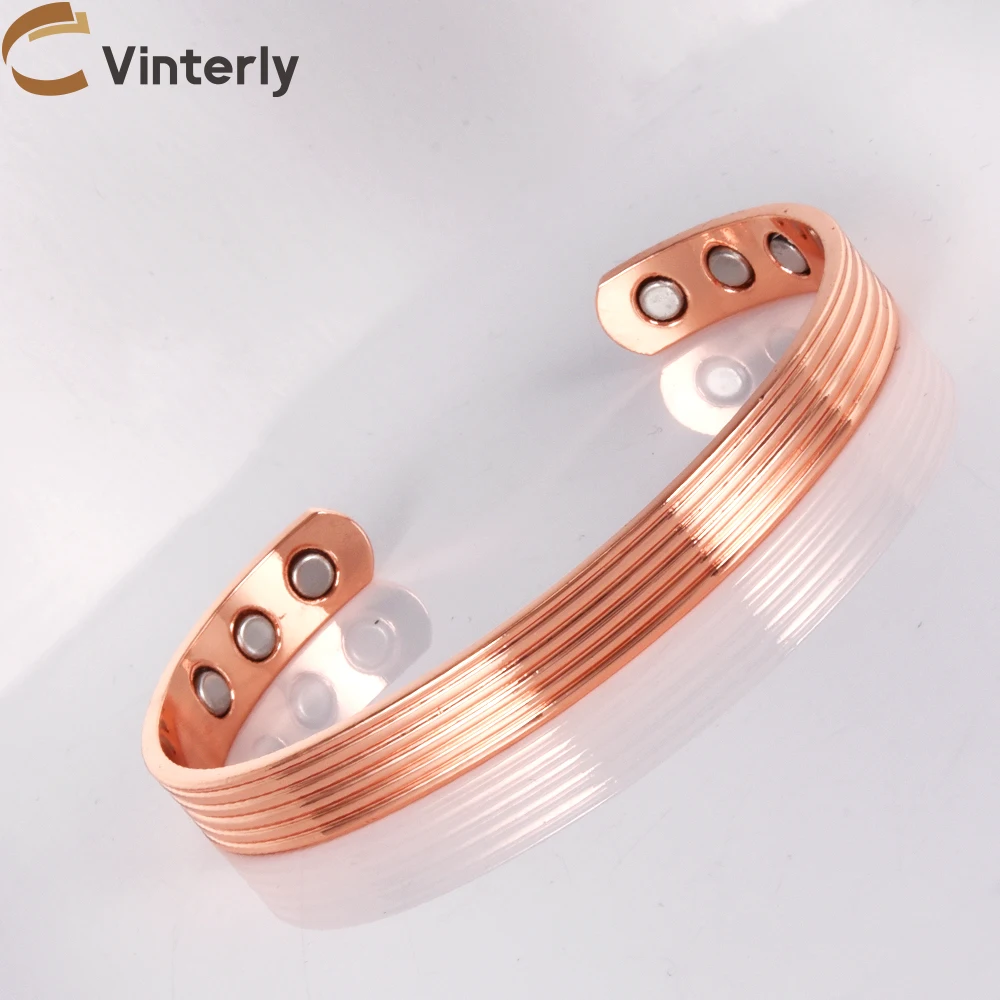 Vinterly Pure Copper Bracelets Magnetic Therapy Arthritis Stripe Adjustable High Magnets Open Cuff 8mm Bangles Resizable Jewelry