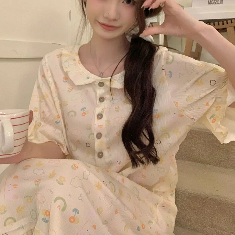 Women Nightgown Floral Print Sleepwear Short Sleeve Night Wears Nightgowns Home Sleeping One Piece Pajamas Dress Robe 2024 New