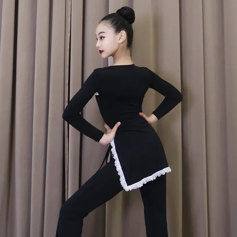 

Kids Latin Dance Cothes Girls Practice Suit Black Long Sleeves Tops Trousers Rumba Ballroom Dance Training Dancewear