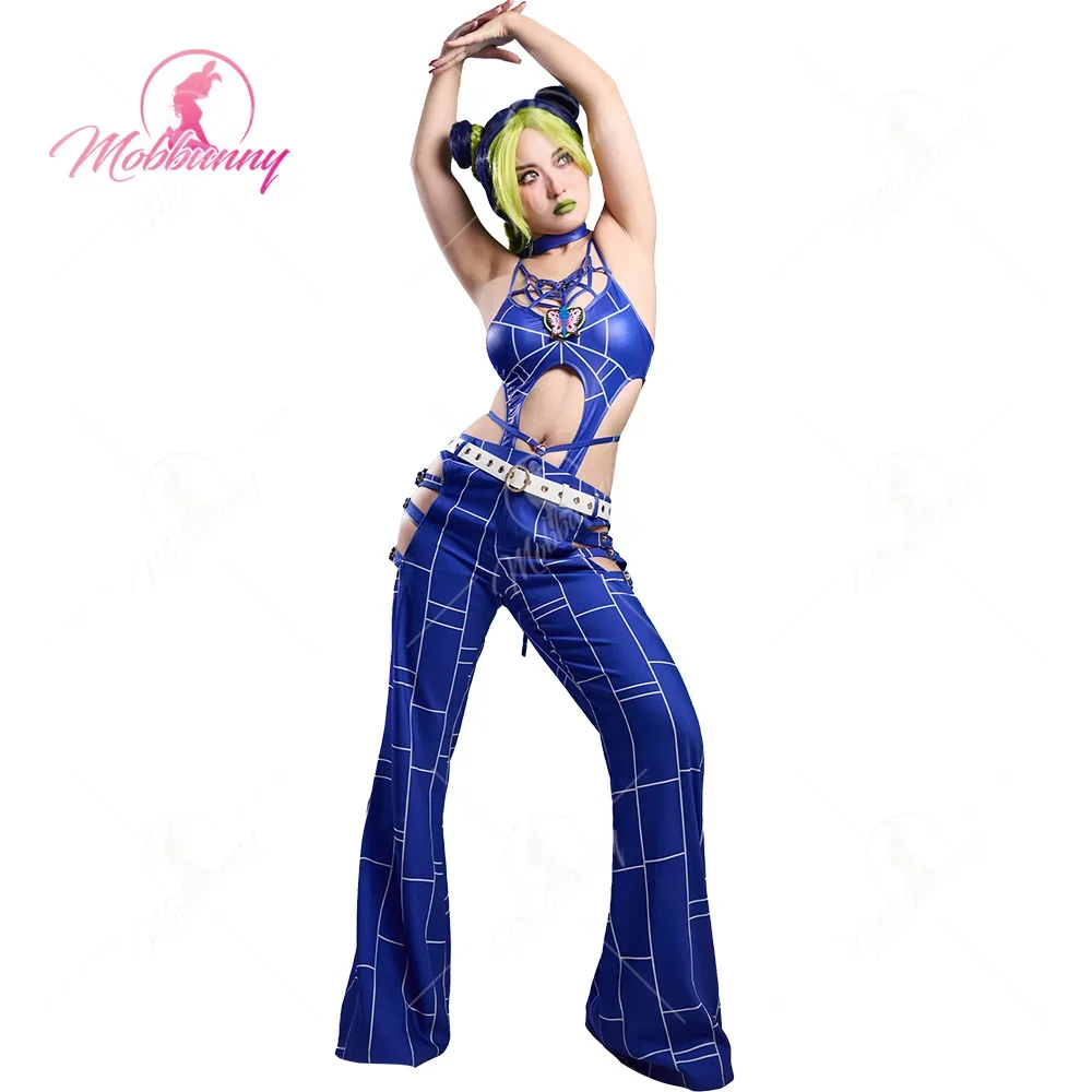 MOBBUNNY Jolyne Cosplay Costume Halloween Spider Web Lingerie Set Cutout Bodysuit and Long Pants with Belt