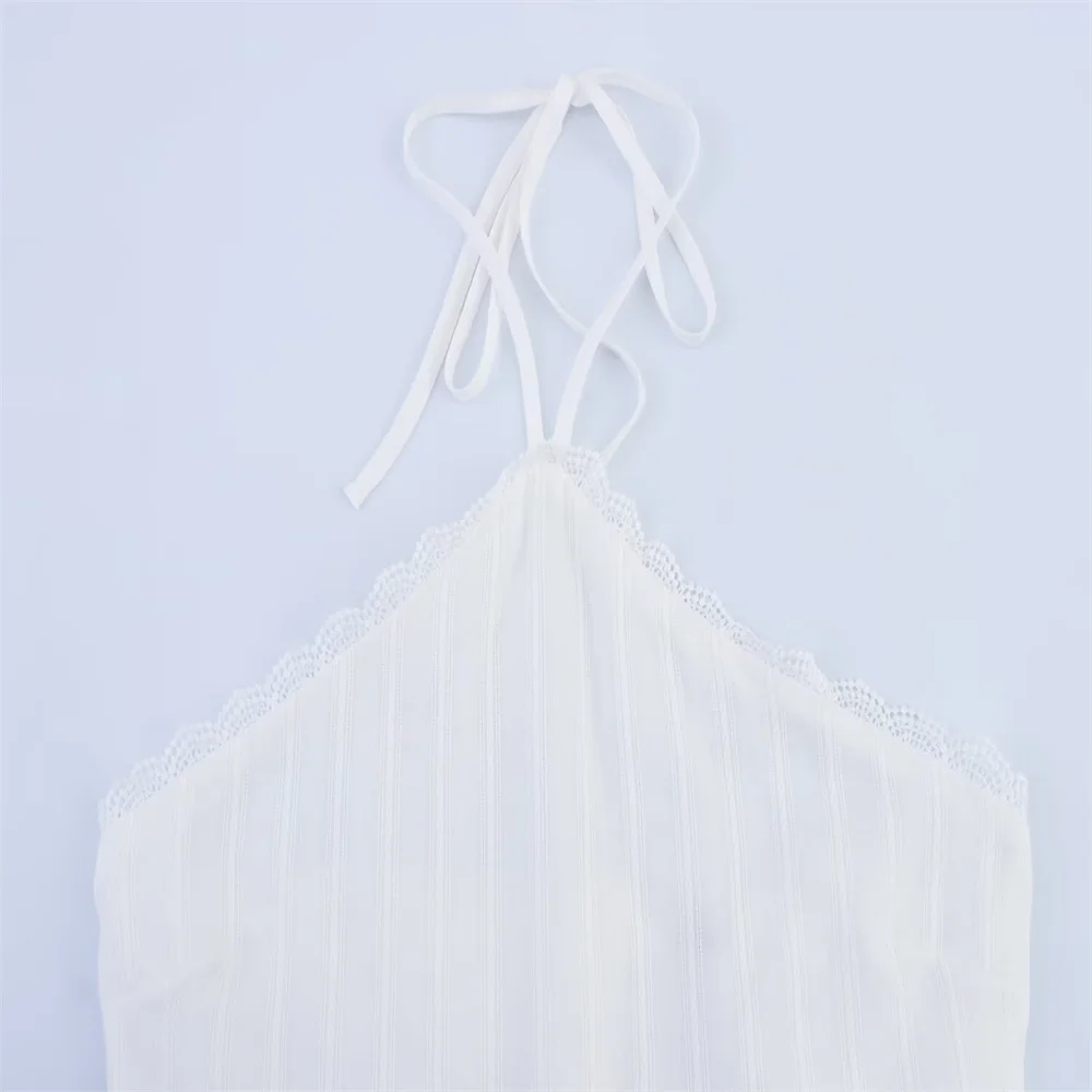 Verão nova moda feminina sem costas em camadas decoração pendurado pescoço colarinho vestido curto