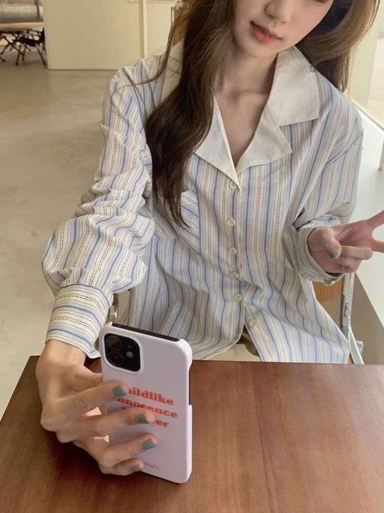 

Fashion Women Striped Shirts Korean Preppy Style Loose Elegant Blouse Spring Chic Long Sleeve Female Design Sweet Tops New