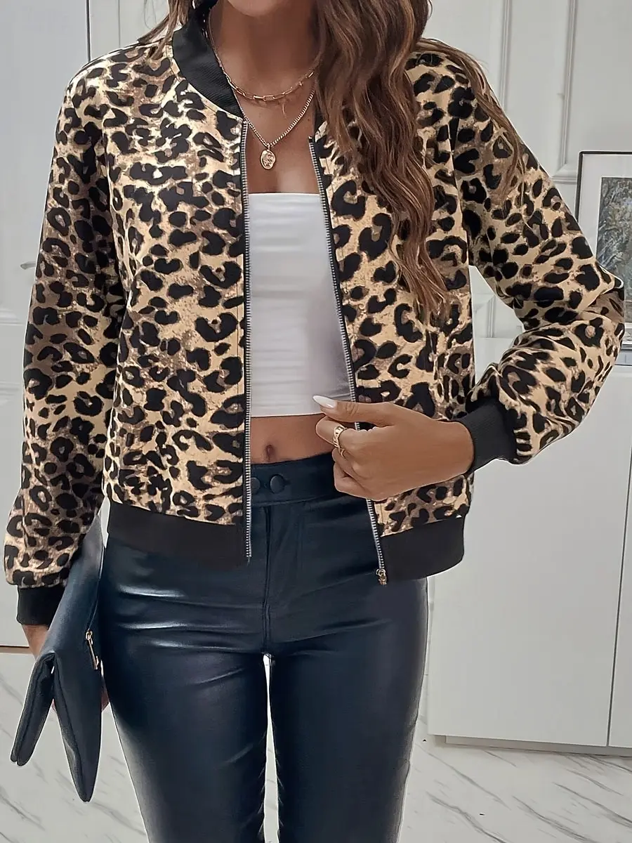 

Женская бейсбольная куртка с леопардовым принтом, удобный дизайн, карман на молнии, элегантная весенняя повседневная верхняя одежда