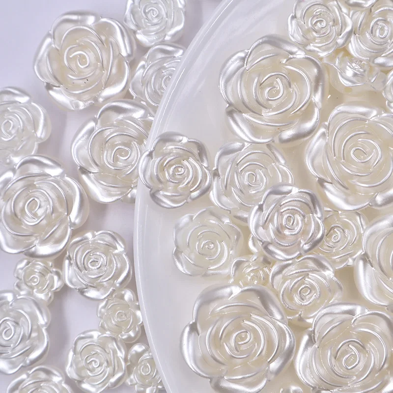 20pcs Acrylic Pearl Rose Camellia Flower Flatback Cabochons With Holes Ornaments Charms Embellishments For Phone Decorations