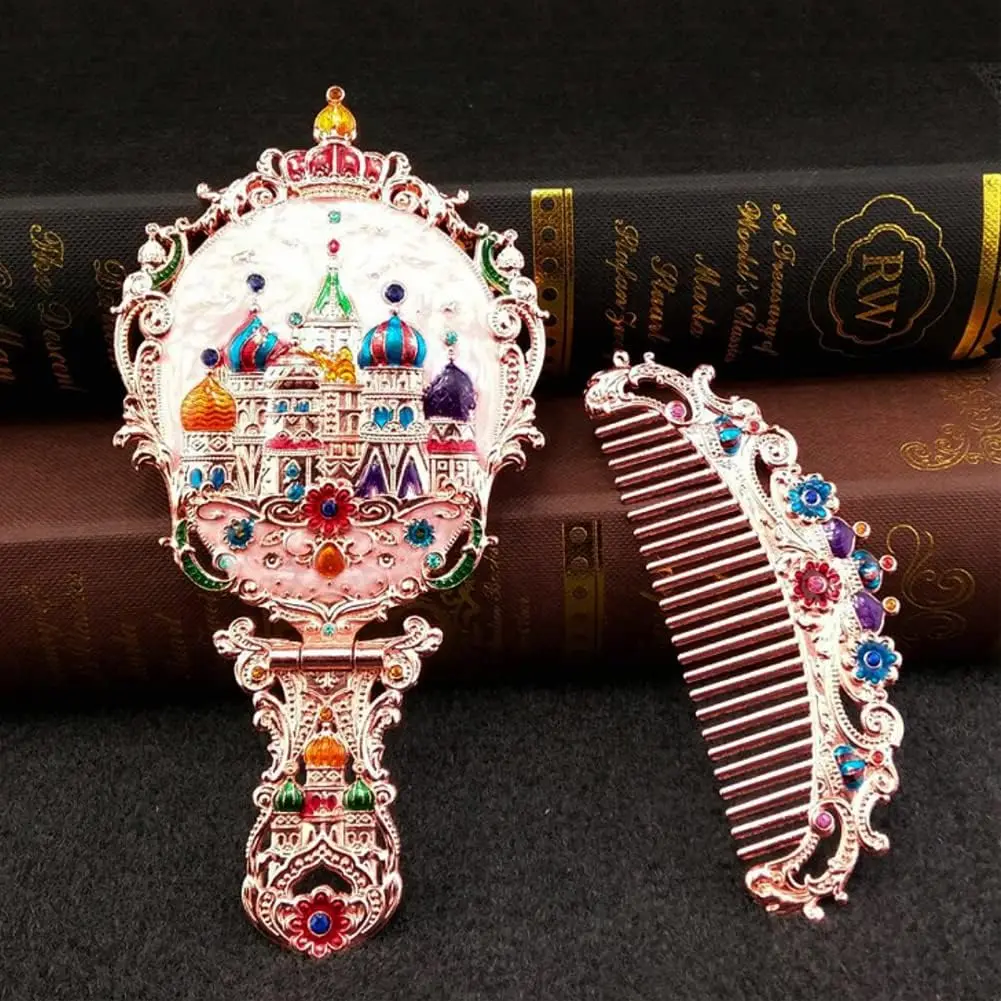 Handheld Mirror Set Vintage Makeup Mirror and Comb Antique Princess Castle Cosmetic Decorative Embossed Hair Brush Gift for Girl