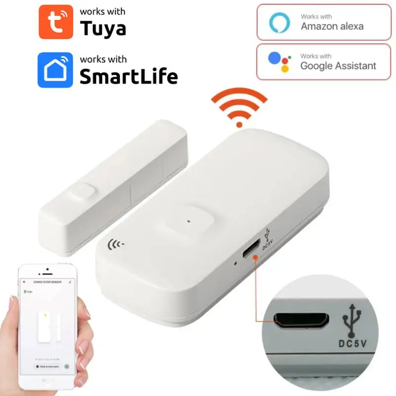 

Tuya Door sensor with battery recharge port wireless Magnetic window detector Magnet switch open alarm smart life AlexaGoogle