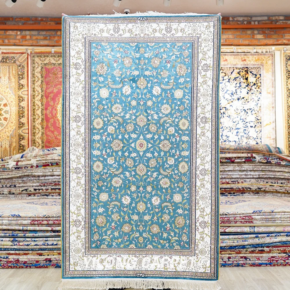 

91x152cm Handknotted Silk Persian Rug Durable All-over Flower Carpet (HF276B)