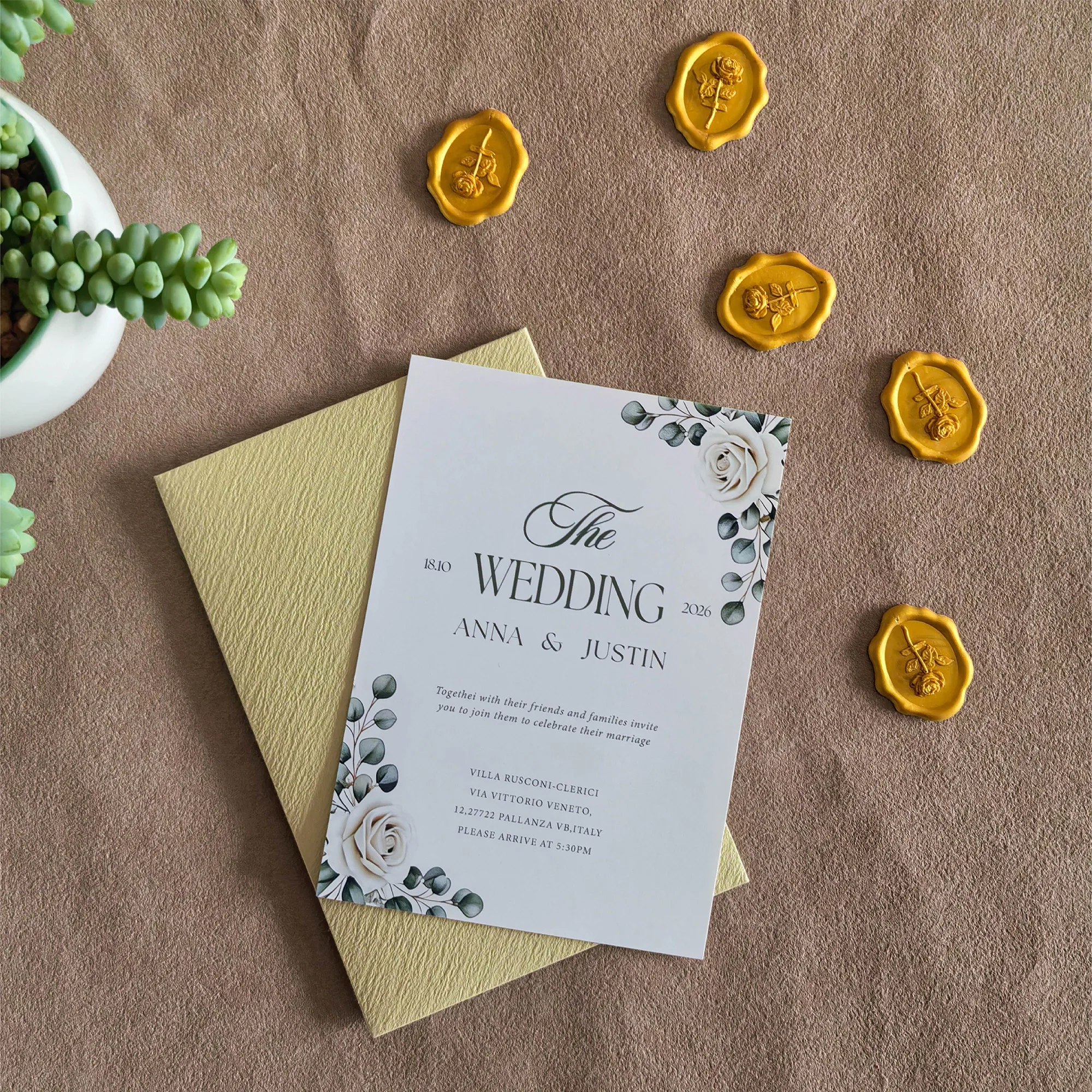 

Custom Made Wedding Invitation Set including Luxury Envelopes and Wax Seal ，Card Design Services, Postcard Date Preservation
