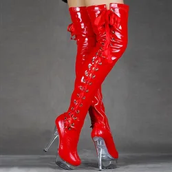 6 cali Stripper Exotic Sexy Fetish Over The Knee Thigh High Boots Women Clear 15cm Heels Pole Dance Shoes Red Platform Punk