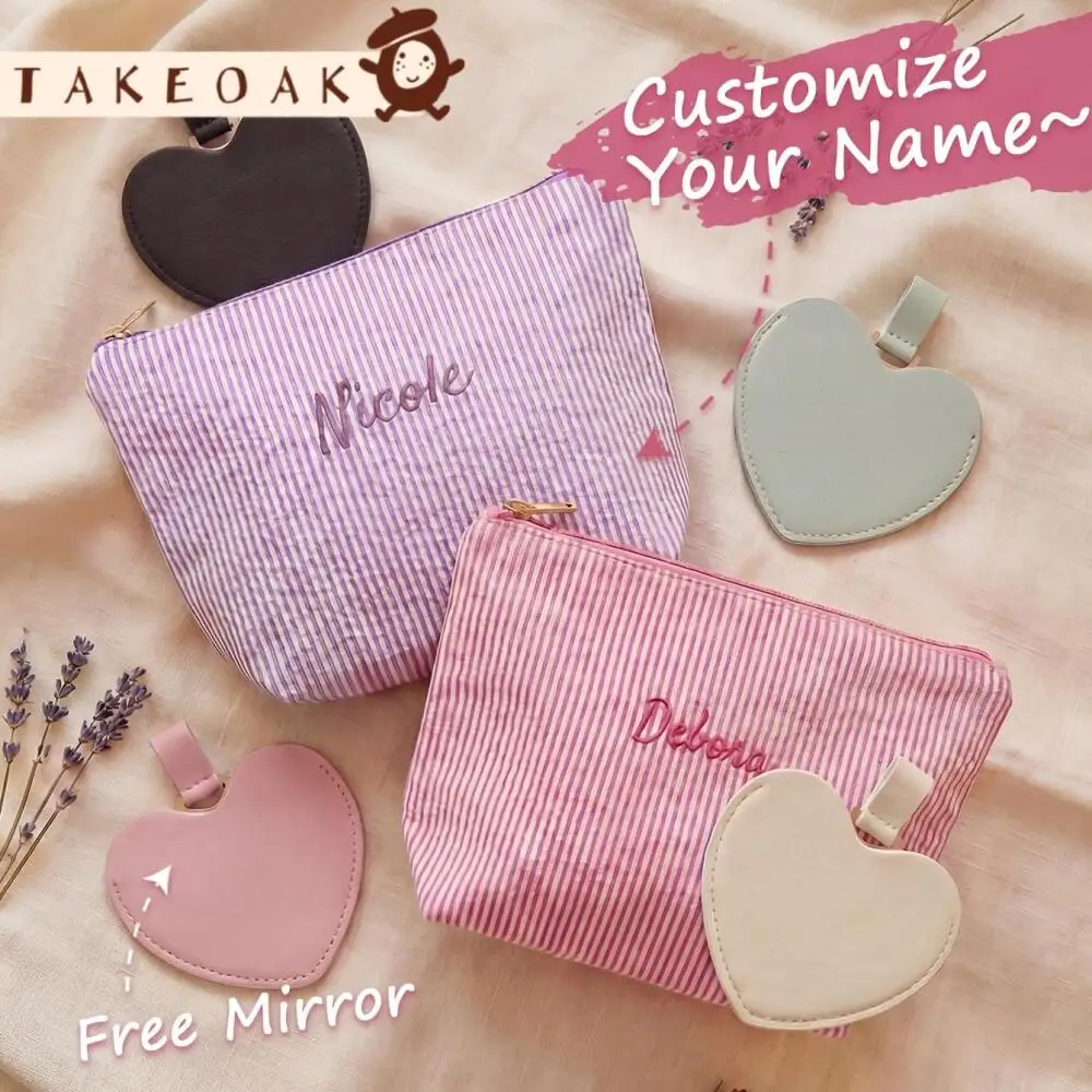 Custom Embroidered Name Striped Cosmetic Bag with Free Heart Shape Mirror Zipper Makeup Pouch Travel Toiletry Storage Bag