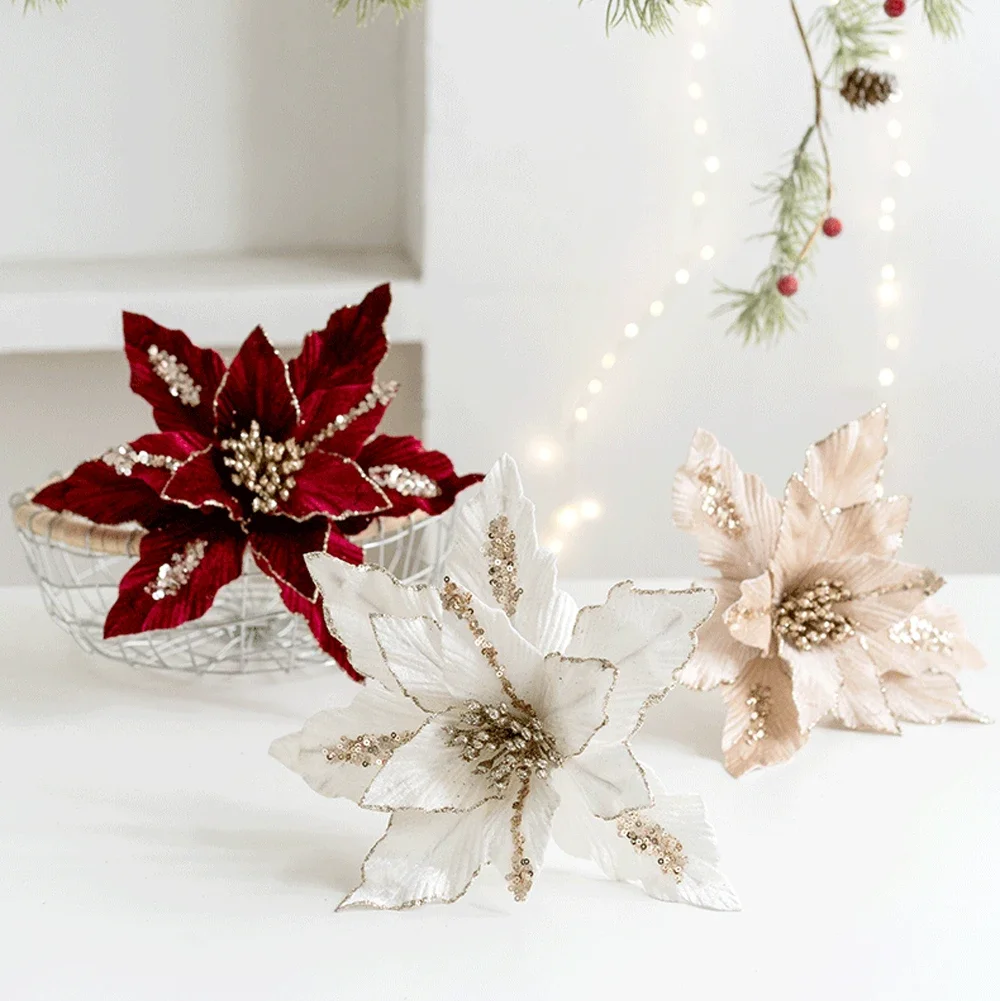 Christmas Flowers Glitter Artificial Flower Xmas Tree Hanging Handmade Ornament DIY Home Wedding New Year Party Decoration Gifts
