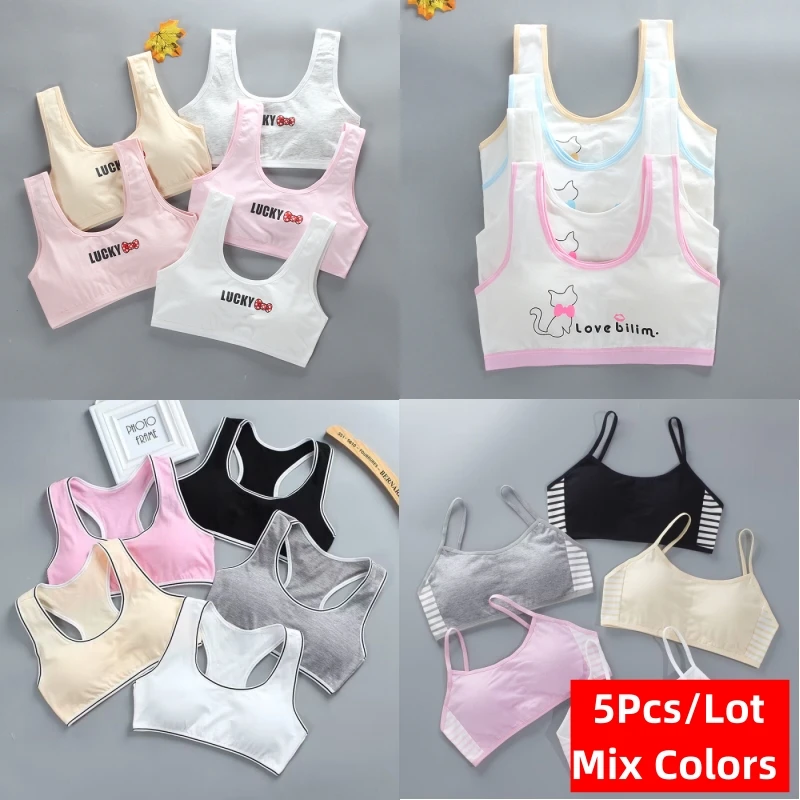 5pcs Girls Training Bra Sets Kids Lingerie Solid Cotton Wireless Training Bras For Puberty Teenage Girl Children Underwear