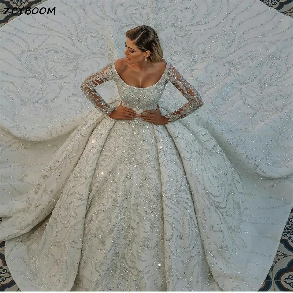 

Luxury Crystals Beading Long Sleeves Wedding Dresses 2023 Arabic Dubai Glitter Sequined Ball Gown Bridal Gowns Vestidos De Novia