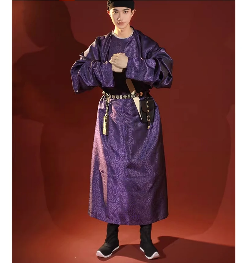 

Мужской халат Hanfu Tang с круглым вырезом в восстановленном стиле большого объема, официальная униформа, фиолетовый халат