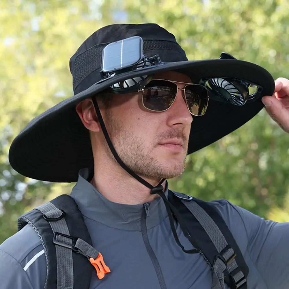 Outdoor Fishing Hat with Fan Solar Rechargeable Fisherman Hat with Dual Fans Upf 50 Wide Brim Sun Protection Hat for Fishing