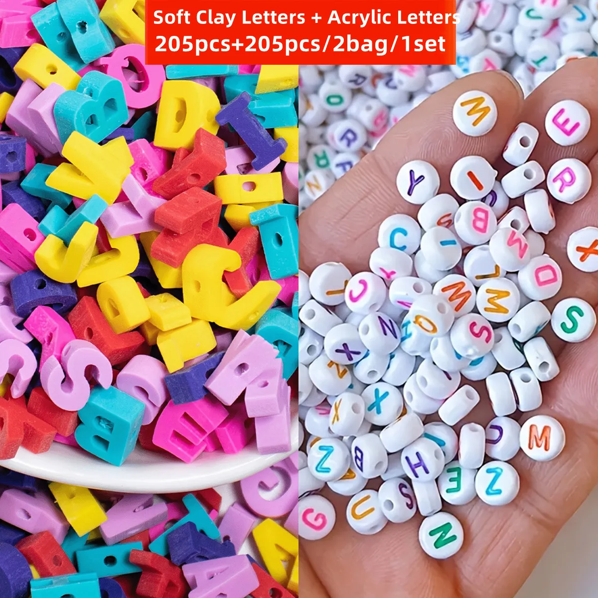 410 Stück 4 x 7/10 x 10 mm Acryl- und weiche Tonbuchstaben-Buchstabenperlen, Abstandsperlen, Buchstaben gemischte dekorative Perlen DIY-Schmuckherstellung