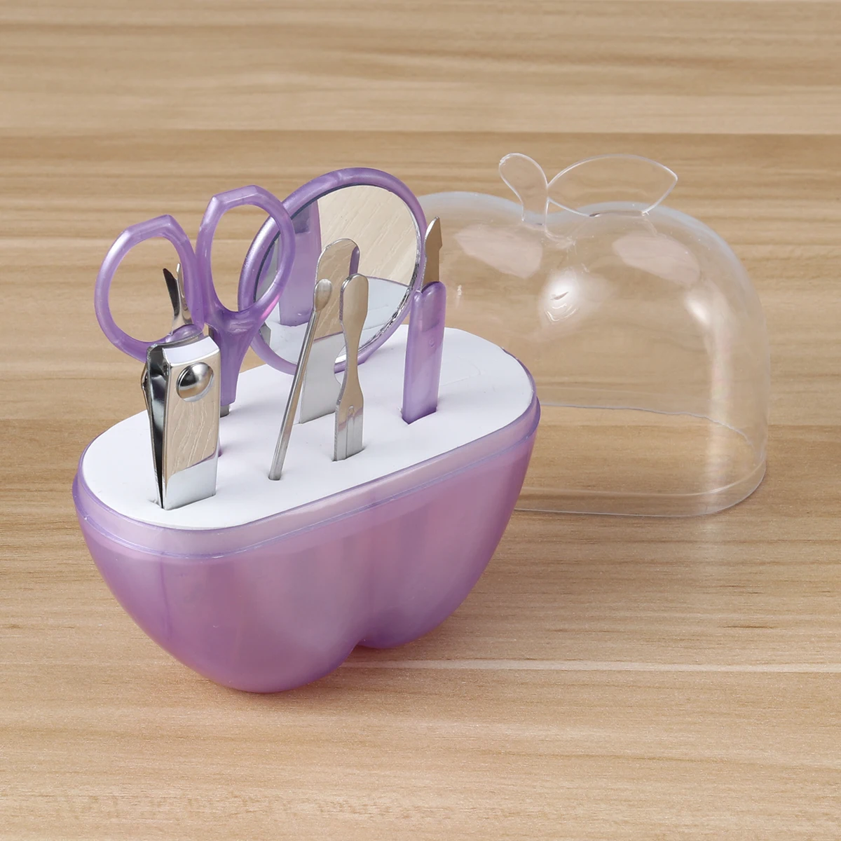 8-in-1 사과 모양 손톱깎이 세트 매니큐어 페디큐어 키트 투명 보관함 손톱 파일 가위 눈썹 핀셋 거울 큐티클