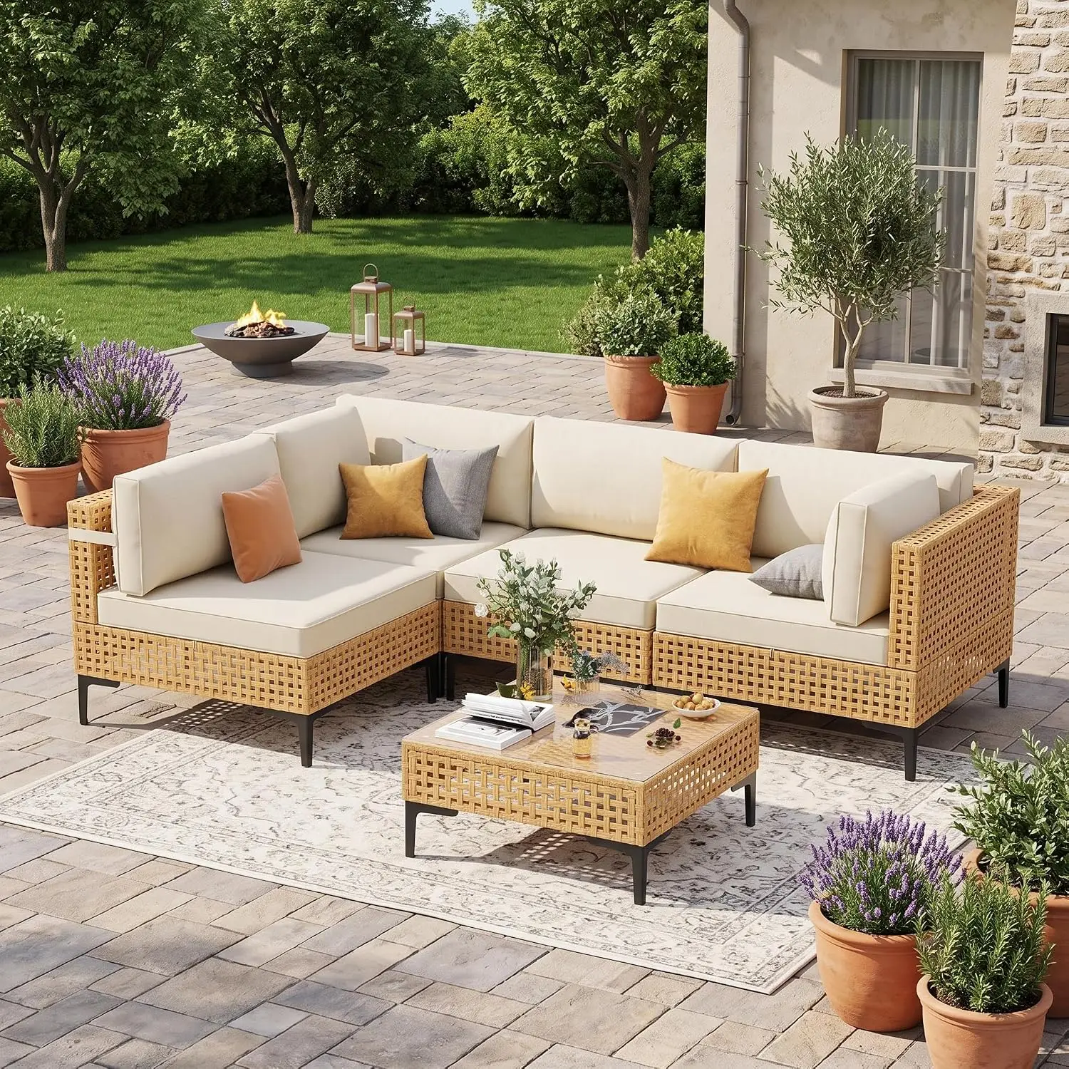 5 Piece Modular Outdoor Sectional Sofa Thick Cushion All Weather Wicker Patio Furniture Backyard Deck Poolside, Customized