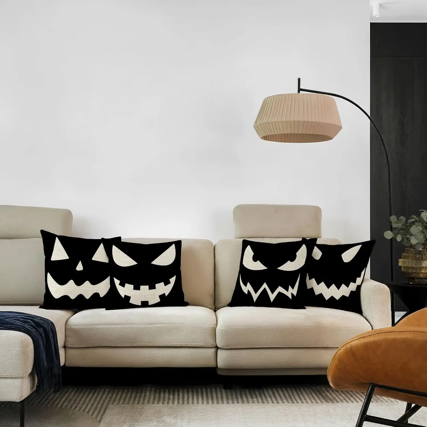 4pcs Black White Jack O Lantern Ghost Face Halloween Printed Pillow Cover Polyester Cushion Case 2D Flat Party Decor Now