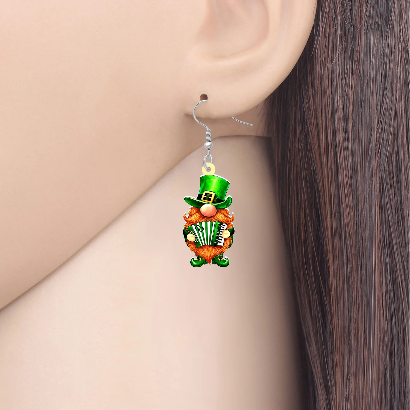 BONSNY Acrylic St Patricks Day Gnome Dangle Earrings Accordion Music Green Irish Leprechaun Jewelry Good Luck Gifts For Women