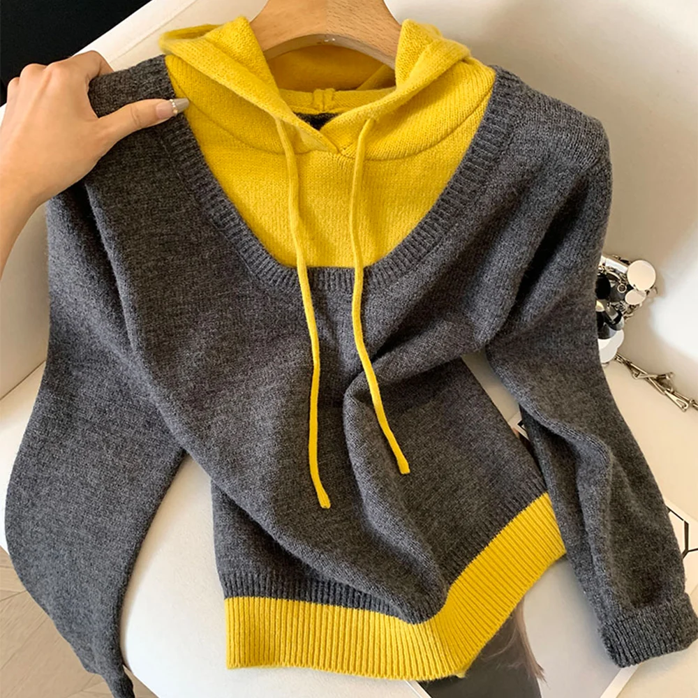 High-grade Color Blocking Pullovers Women Fake Two Pieces Hooded Sweater 2025 Preppy Style All-matched Knitwear Tops