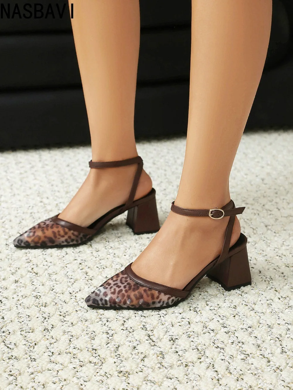 

2026 Spring/Summer New Fashionable Breathable Mesh Leopard Print Sandals Women's Pointed Toe High Heels Sexy Sandals Size 34-43