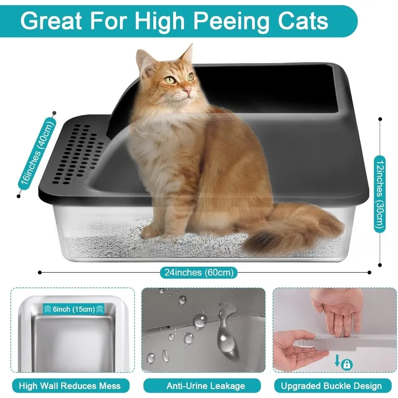 Stainless Steel Cat Litter Box with Lid, 24'' x 16'' x 12'' Metal Cat Litter Box with Litter Scoop, Easy Clean Metal Kitty