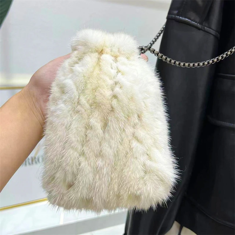 Women's High Quality Fur Shoulder Bag Natural Mink Fur Woven Phone Bag Metallic Chain Embellished Mini Crossbody Bag