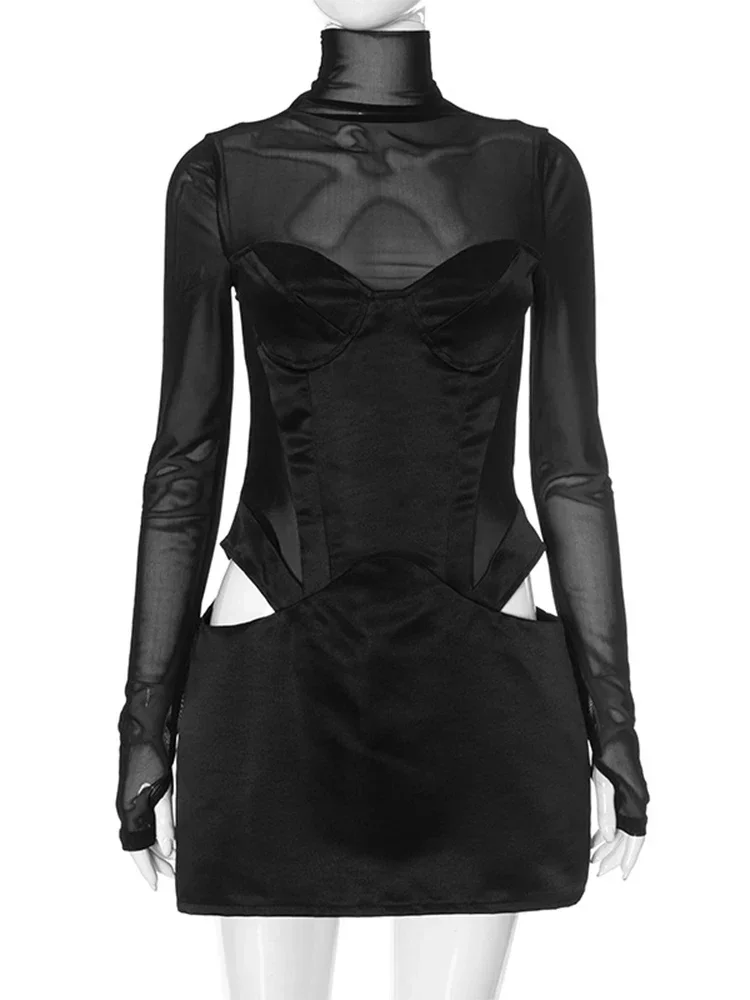 Mode Pullover Sexy Frauen Mesh Rollkragen Langarm Satin Cut Out Kleid Bodycon Kurze Club Abend Mode Party Kleid 2025,