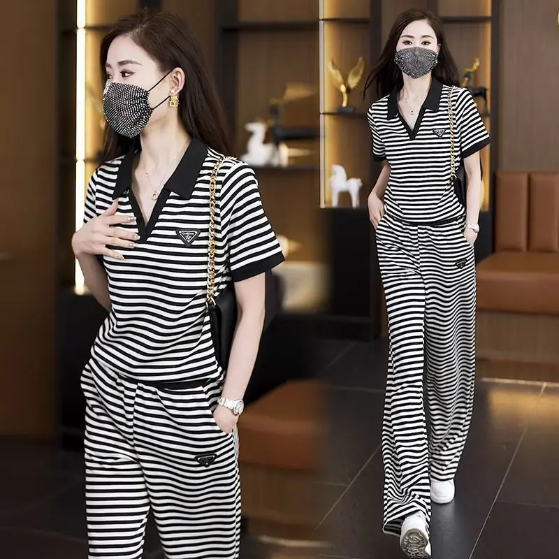 Spring and Summer New Striped V-neck Splicing Set Women's Stylish Age Reducing Casual Pants Two-piece Set