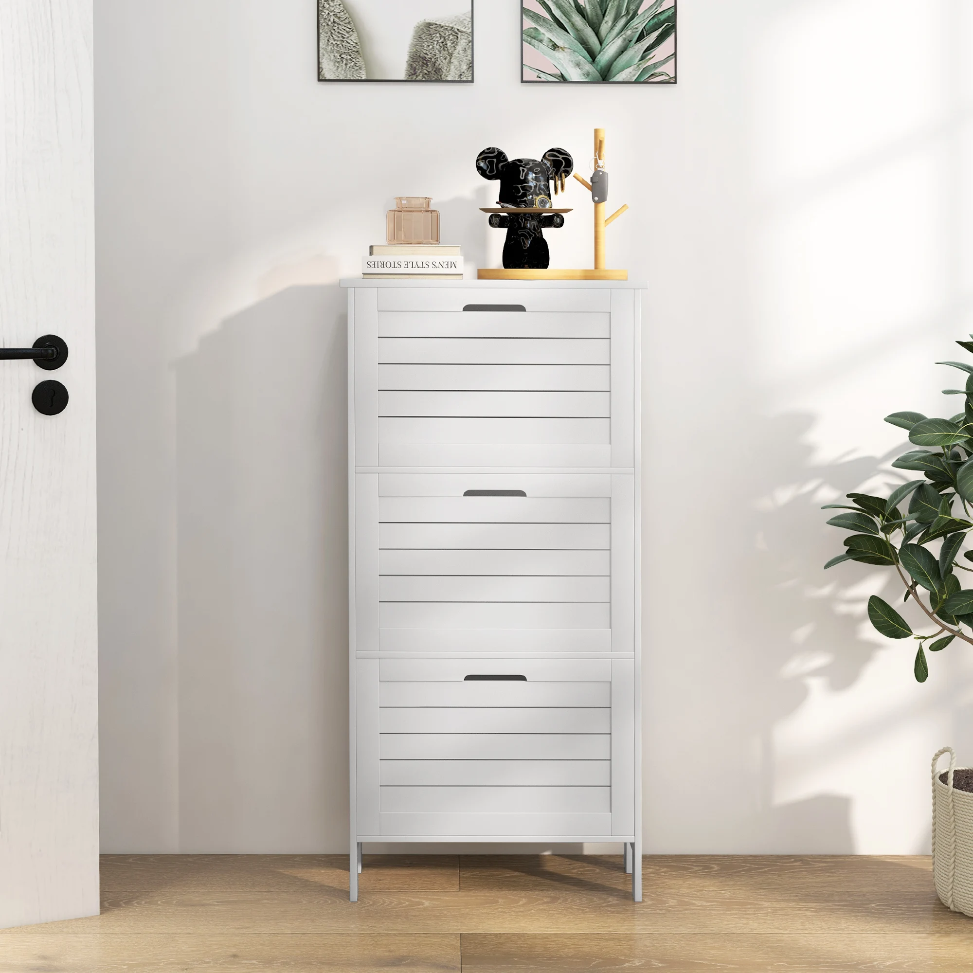 HOMCOM Narrow Shoe Storage Cabinet with 3 Flip Drawers, White