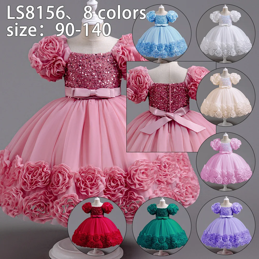 ELBCOS 1-7Y Girls Boat Neck Flower Puff Short Sleeve Sequin Attach Bow Belt Peony Lace Costumes Baby Full Dress