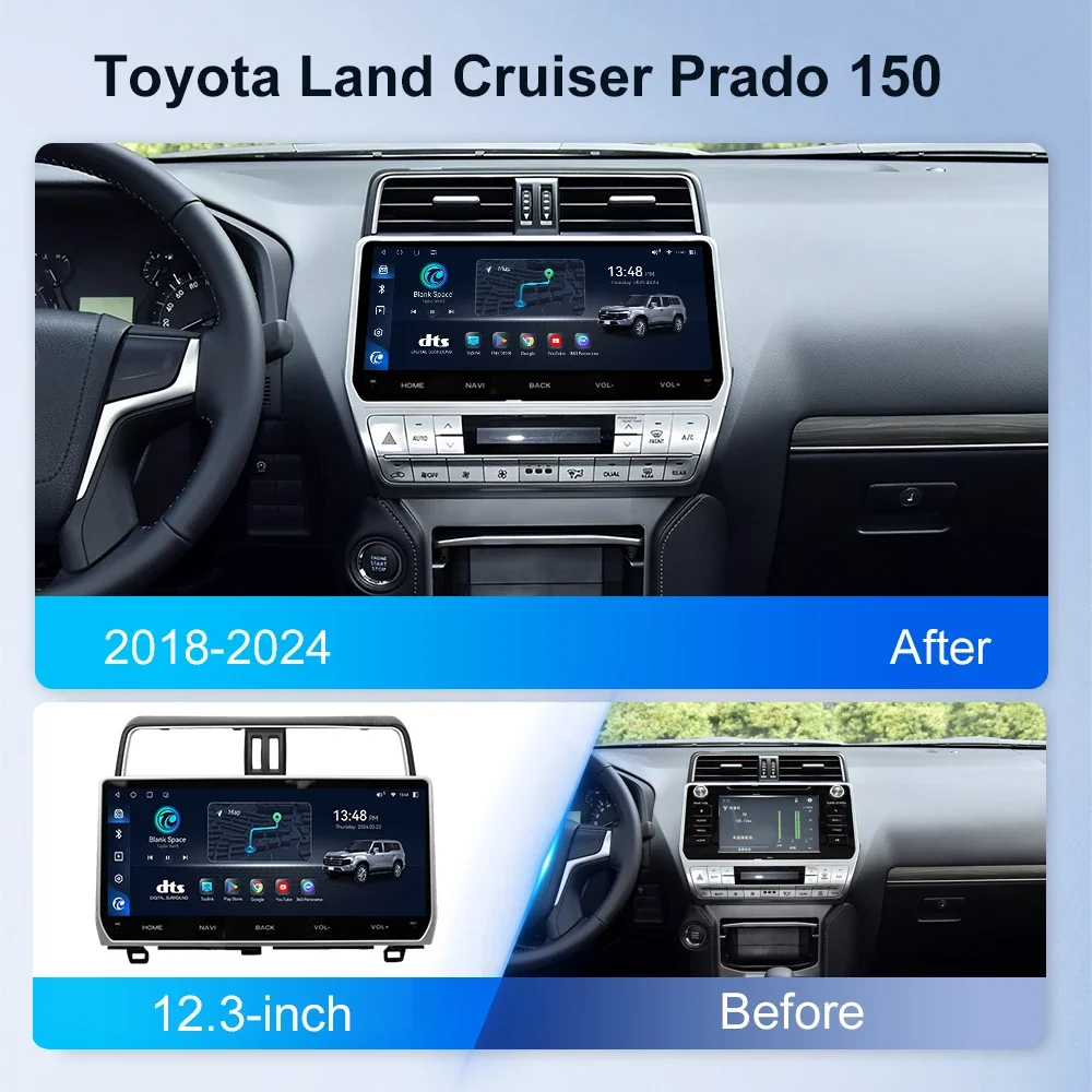 Autoradio da 12,3" per Toyota Land Cruiser Prado 150 2018-2024 Android 13 Wireless CarPlay Android Auto Navi GPS Unità principale HDMI