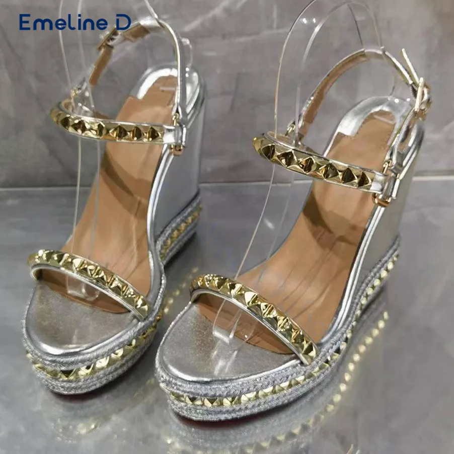 

Gold Studded One-Strap Wedge Sandals with Round Toe Hemp Soles Fashionable High-Heeled Sandals with Elegant Women's Shoes