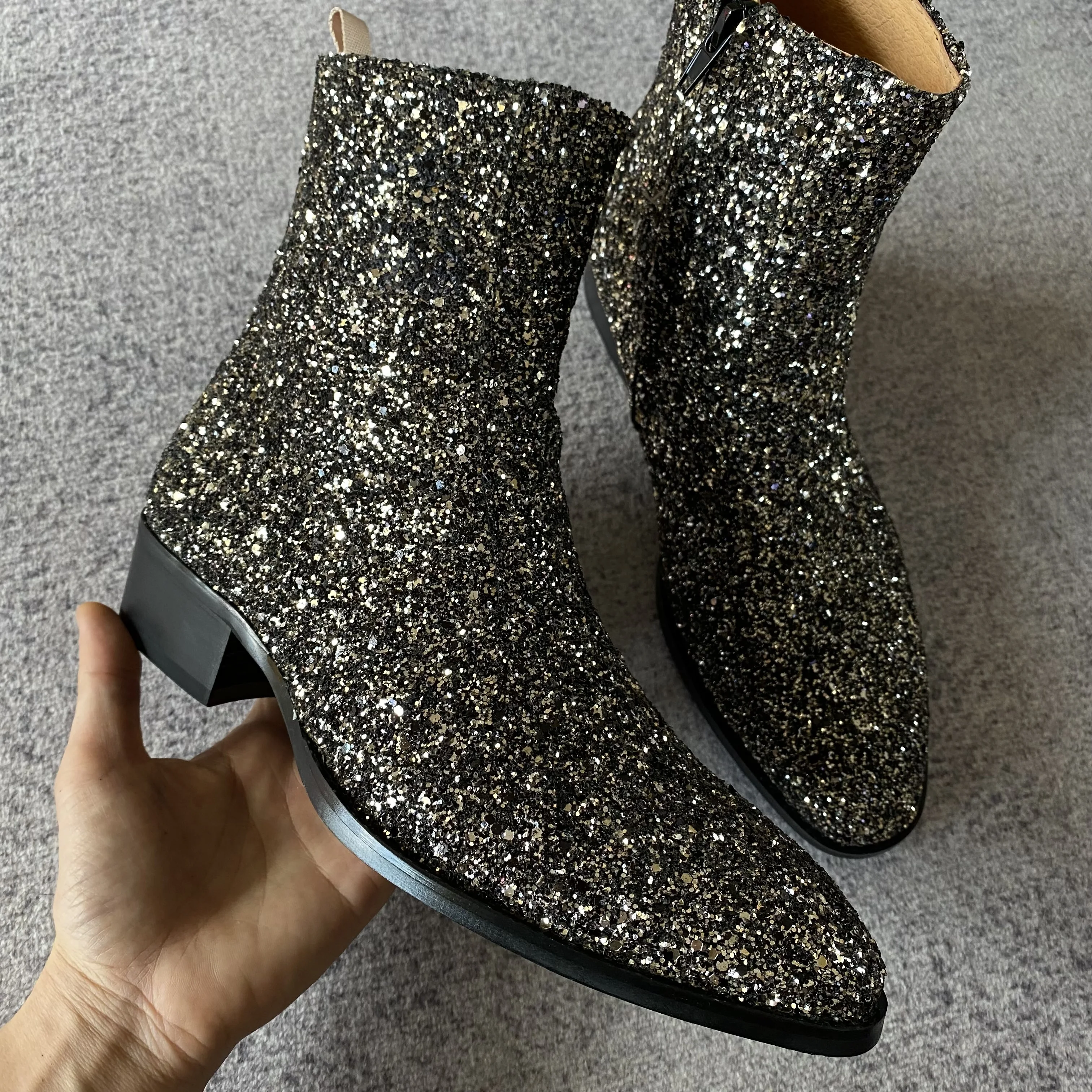

Personalized Customized Made Shining Glitter Pionted Toe Catwalk Party Personalized Denim Zipper Boots