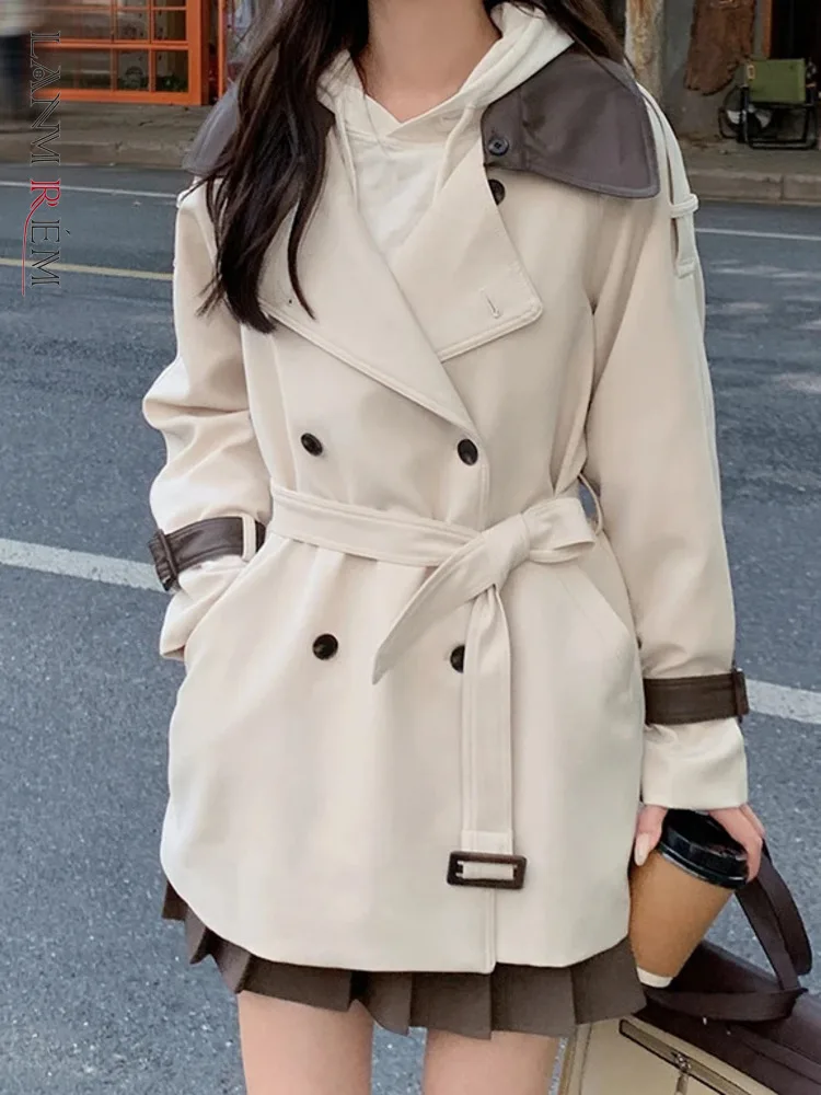 

LANMREM Spring New Trench Coat Women Fashion Contrast Color Patchwork Designer Belt Mid Length Windbreaker Korean 2AA5189