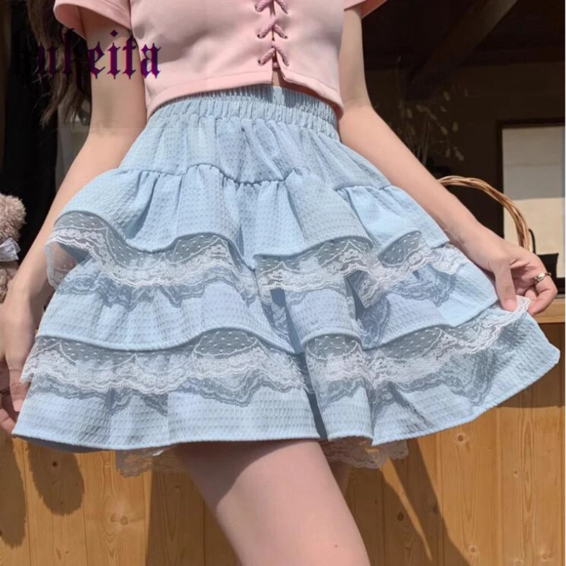 Mini saia kawaii estilo lolita feminina, elástico na cintura, babados com renda, plissados, doce menina, verão, Harajuku, Y2k, bolo, japonês