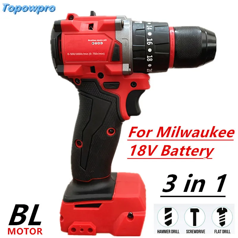 

For Milwaukee 18V Battery Brushless Electric Drill 20+3 Torque Cordless Impact Drill Hammer Multifunctional Power Tools