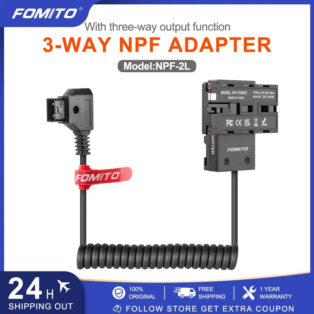 FOMITO 2-Sided NPF Dummy Battery Cross-Shaped to D-tap Power Cable with USB-C Output V-Mount Battery for Field Monitor LED Light