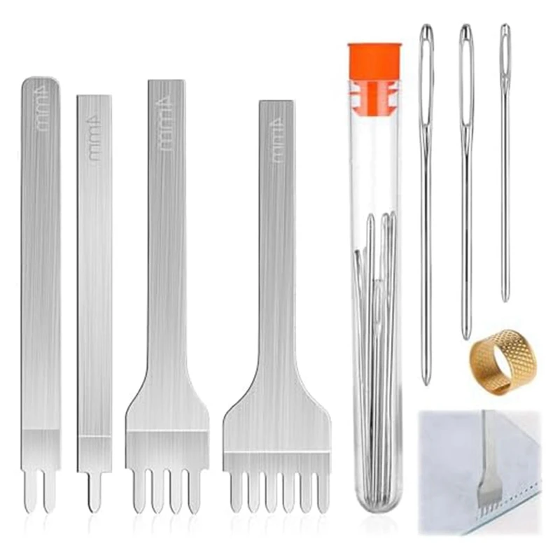 14Pcs Needle Punch Kit With 4Mm 1/2/4/6 Prongleather Punch And Large Eye Stitching Needle For Beginners Hand Tools